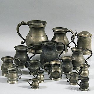 Sixteen Assorted Pewter Mugs, Pitchers, and Tankards