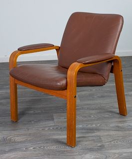 Ekornes Style Leather and Oak Lounge Chair