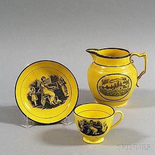 Three Transfer-decorated Canary Yellow Staffordshire Pottery Items