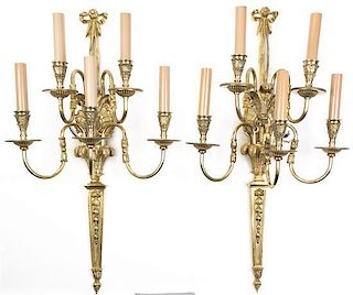 A Pair of Gilt Metal Neo-Classical Style Five-Light Sconces, Height 24 1/2 inches.
