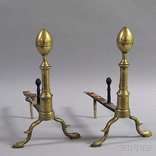 Pair of Federal Brass and Wrought Iron Lemon-top Andirons