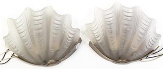 A Pair of Molded and Frosted Glass and Brass Two-Light Wall Sconces, Width 11 inches.