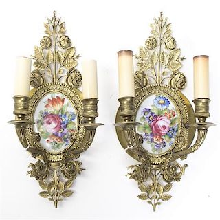 A Pair of Gilt Metal and Porcelain Inset Wall Plaques, Height 12 inches.