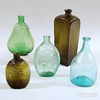 Three Early Glass Flasks and Two Bottles