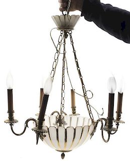 A Gilt Metal and Frosted Glass Six-Light Chandelier, Height 32 x diameter 21 inches.