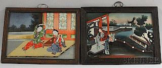 Two Chinese Export Reverse-painted Glass Figural Scenes