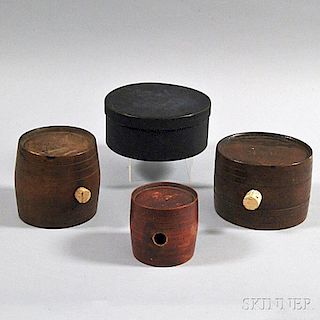 Three Small Turned Wood Kegs and a Green-painted Round Pantry Box