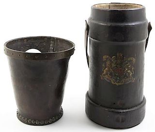 An English Leather Fire Bucket, Height of taller 15 3/4 inches.