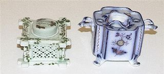 Two Porcelain Inkwells, Width of wider 5 1/2 inches.