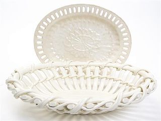 A Sarreguemines Creamware Basket Form Dish, Width of first 10 3/4 inches.