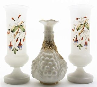A Pair of Victorian Enameled Glass Vases, Height of pair 10 3/4 inches.
