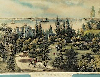 Framed Currier & Ives New York Bay   Hand-colored Lithograph
