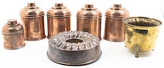 Eight Copper and Brass Articles, Diameter of largest 10 inches.