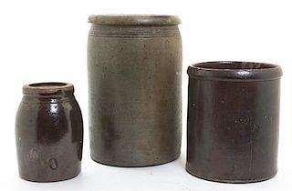 Three American Stoneware Crocks, Height of tallest 12 1/2 inches.