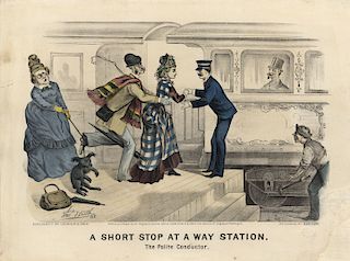 A Short Stop at a Way Station. The Polite Conductor - Original Small Folio Currier & Ives lithograph