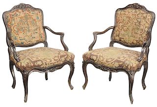 Pair Louis XV Open Arm Chairs