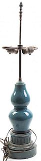 A Turquoise Glazed Pottery Table Lamp, Height overall 31 1/2 inches.
