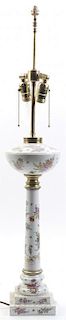 A Continental Porcelain Fluid Lamp, Height overall 36 inches.
