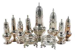 Ten English Silver Casters and Open Salts