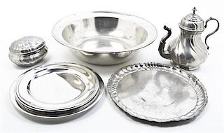 Eight Pewter Articles, Diameter of bowl 14 1/2 inches.