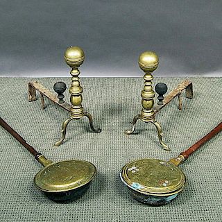Two Brass Bedwarmers and a Pair of Brass Andirons
