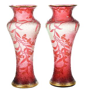 Pair Cranberry Art Glass Cameo Vases