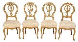 Set Four French Carved Walnut Side Chairs