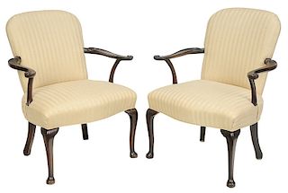 Pair Queen Anne Style Mahogany Arm Chairs