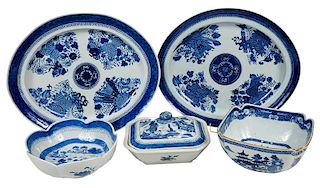 Five Canton Blue and White Serving Pieces