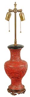 Lamp Mounted Chinese Carved Cinnabar Vase