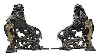 Pair Cast Iron Figural Lion Chenets
