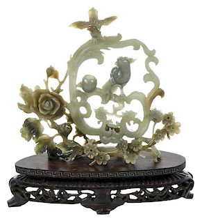 Bird and Floral Hardstone Carving with Stand