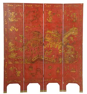 Red Lacquer and Parcel-Gilt Panel Screen