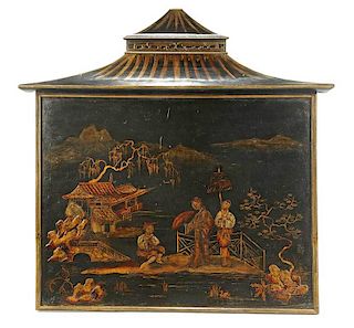 English Chinoiserie Pagoda Form Lacquer Panel