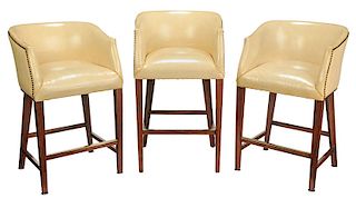 Set Three Modern Walnut and Leather Bar Chairs
