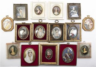 Fifteen European Portrait Miniatures, Height of largest frame 6 3/5 x width 5 1/2 inches.