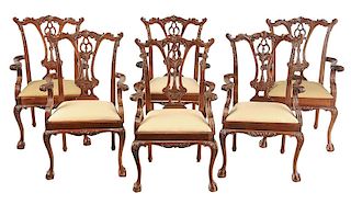 Set Six Chippendale Style Arm Chairs