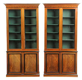 Pair Regency Style Inlaid Bookcase Cabinets