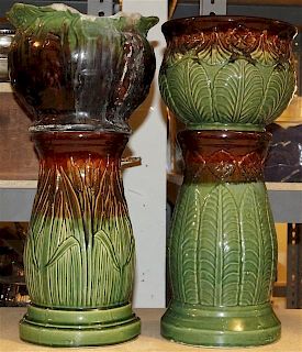 Two American Pottery Jardinieres on Stands, Height of taller 22 inches.