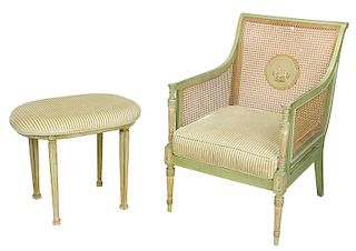 Louis XVI Style Paint Decorated Chair with Stool