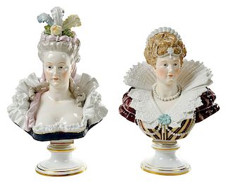 Pair Meissen Painted Porcelain Busts