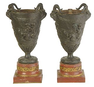 Pair Grand Tour Patinated Bronze Urns
