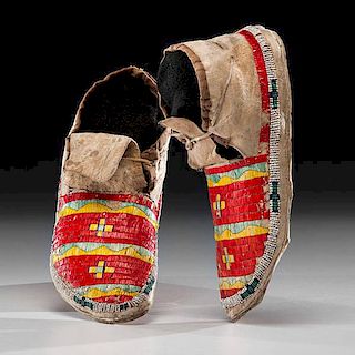 Sioux Quilled and Beaded Hide Moccasins 