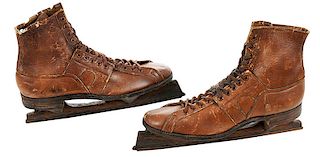 Pair of Leather and Wood Ice Skates