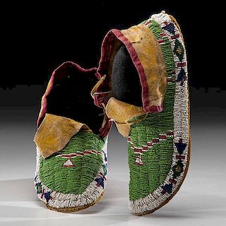 Sioux Beaded Hide Moccasins with Painted Parfleche Soles 