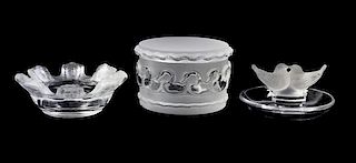 Three Lalique Molded and Frosted Glass Articles, Diameter of first 4 inches.
