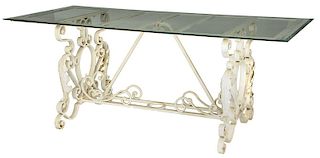 White Painted Wrought Iron Glass Topped Table