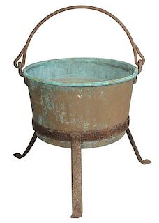 Vintage Large Iron and Copper Cauldron on Stand