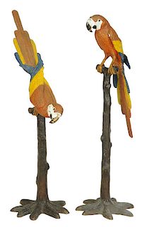 Two Cold Painted Bronze Parrots on Stands