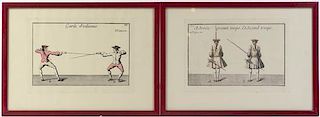 Two French Handcolored Fencing Prints. Height 6 3/4 x width 9 1/2 inches (each).